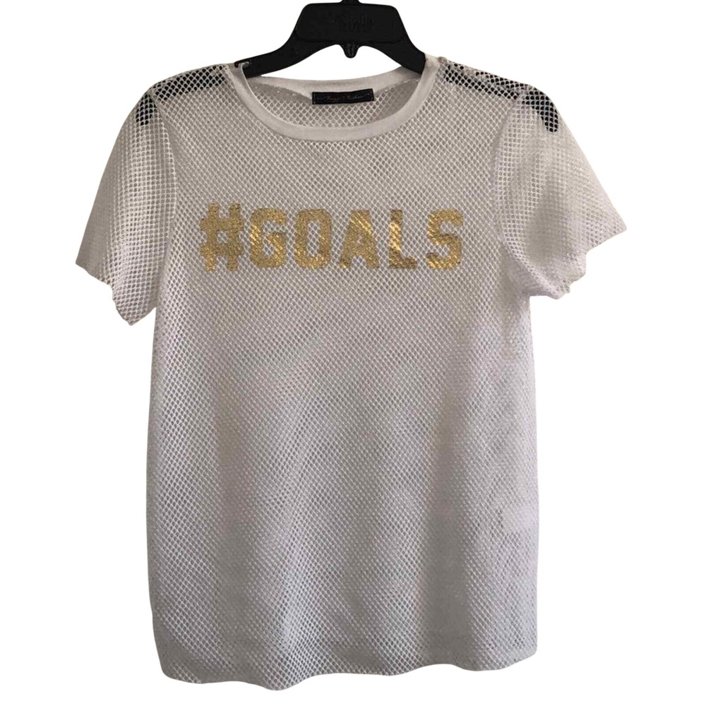 White‎ Mesh Short Sleeve Top Gold Sequin #GOALS Graphic Streetwear Tee